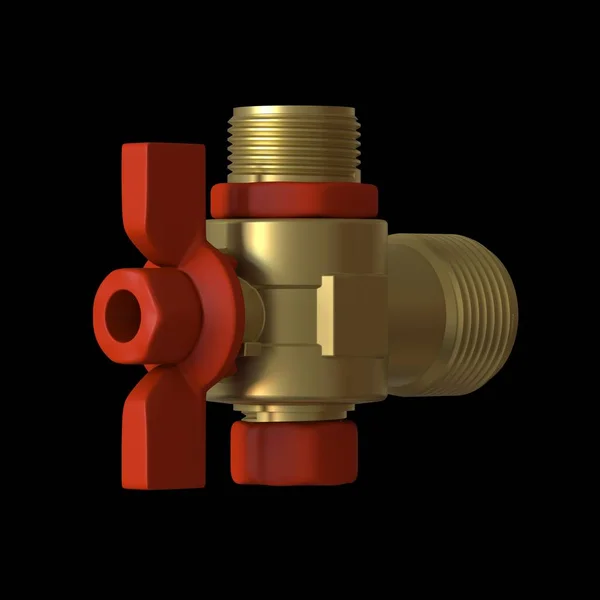 Water tap ball valve with red valve on a black background, isolate. 3D rendering of excellent quality in high resolution. It can be enlarged and used as a background or texture. — Stock Photo, Image