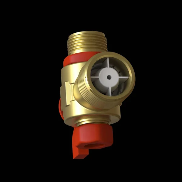 Water tap ball valve with red valve on a black background, isolate. 3D rendering of excellent quality in high resolution. It can be enlarged and used as a background or texture.