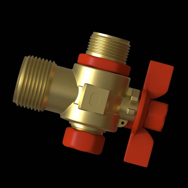 Water tap ball valve with red valve on a black background, isolate. 3D rendering of excellent quality in high resolution. It can be enlarged and used as a background or texture. — Stock Photo, Image