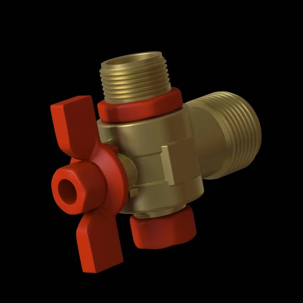 Water tap ball valve with red valve on a black background, isolate. 3D rendering of excellent quality in high resolution. It can be enlarged and used as a background or texture.