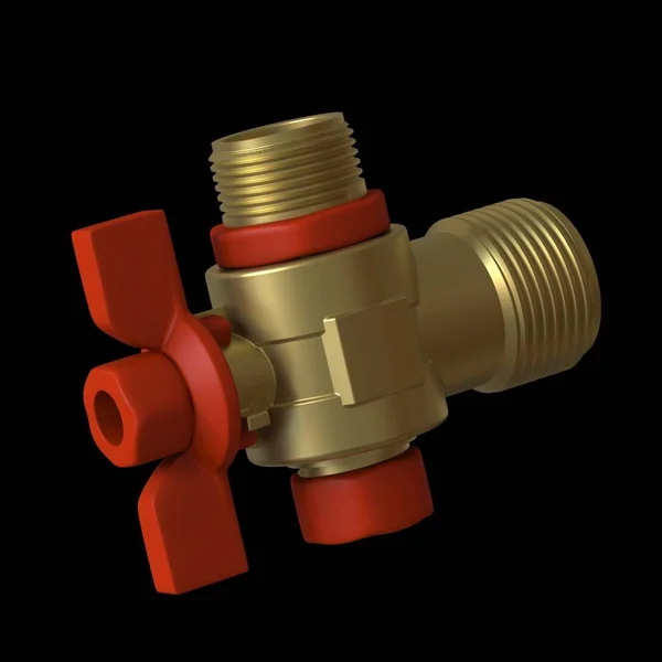 Water tap ball valve with red valve on a black background, isolate. 3D rendering of excellent quality in high resolution. It can be enlarged and used as a background or texture.