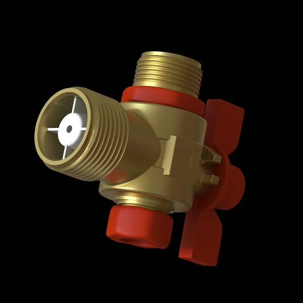 Water tap ball valve with red valve on a black background, isolate. 3D rendering of excellent quality in high resolution. It can be enlarged and used as a background or texture.