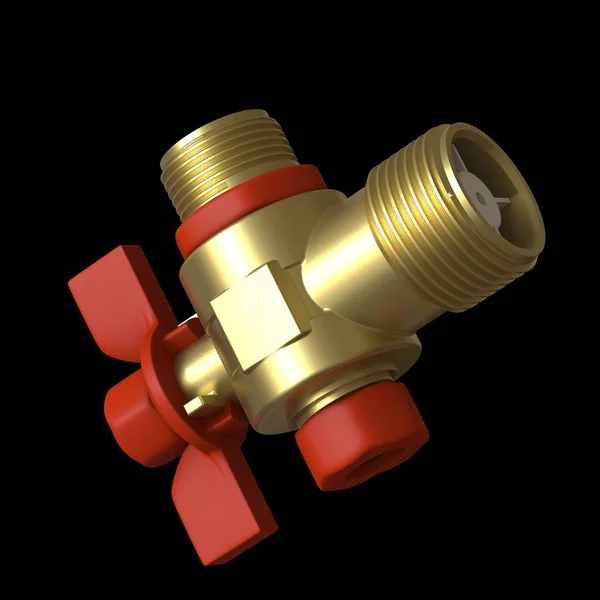 Water tap ball valve with red valve on a black background, isolate. 3D rendering of excellent quality in high resolution. It can be enlarged and used as a background or texture.