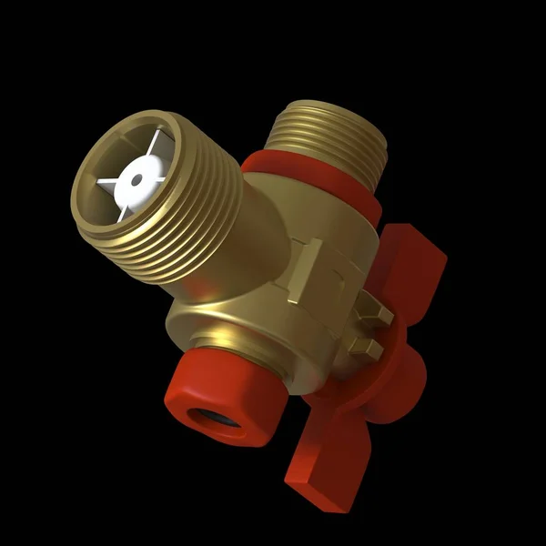 Water tap ball valve with red valve on a black background, isolate. 3D rendering of excellent quality in high resolution. It can be enlarged and used as a background or texture.