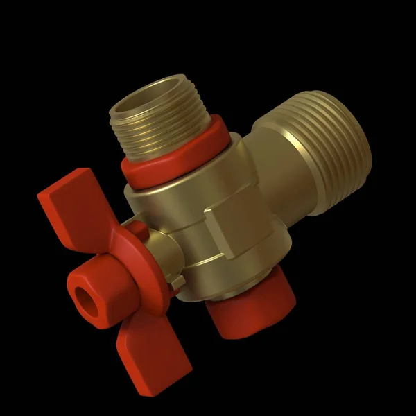 Water tap ball valve with red valve on a black background, isolate. 3D rendering of excellent quality in high resolution. It can be enlarged and used as a background or texture. — Stock Photo, Image