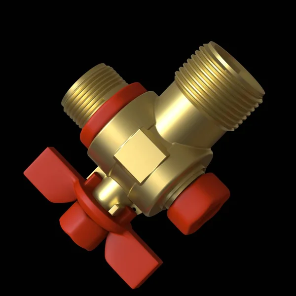 Water tap ball valve with red valve on a black background, isolate. 3D rendering of excellent quality in high resolution. It can be enlarged and used as a background or texture.