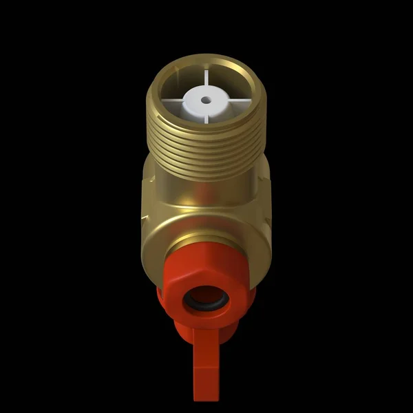 Water tap ball valve with red valve on a black background, isolate. 3D rendering of excellent quality in high resolution. It can be enlarged and used as a background or texture.