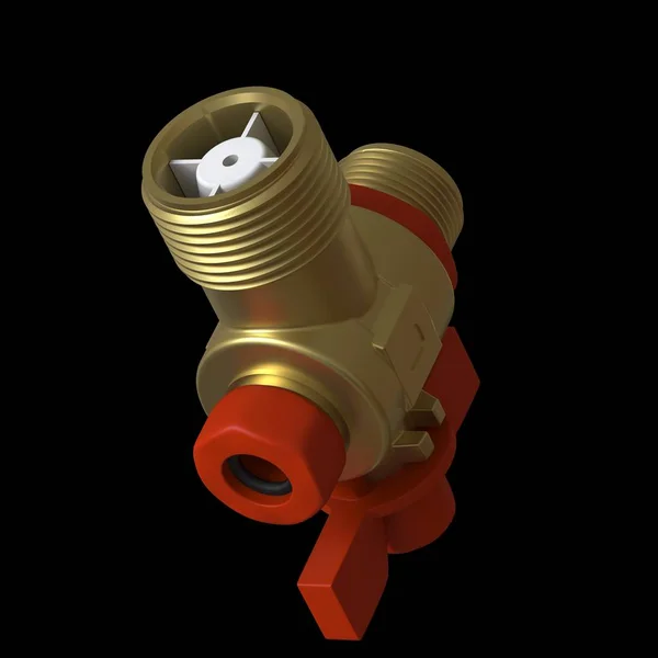 Water tap ball valve with red valve on a black background, isolate. 3D rendering of excellent quality in high resolution. It can be enlarged and used as a background or texture.