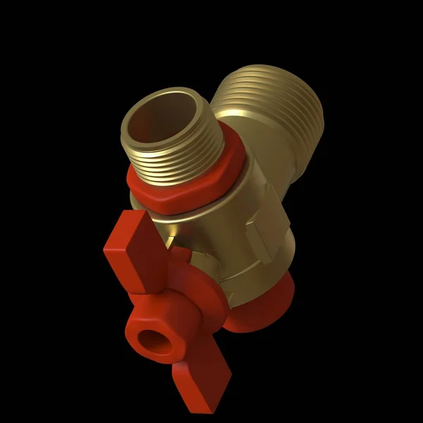 Torneira de água válvula de esfera com válvula vermelha em um fundo preto, isolar. Renderização 3D de excelente qualidade em alta resolução. Pode ser ampliado e usado como fundo ou textura . — Fotografia de Stock
