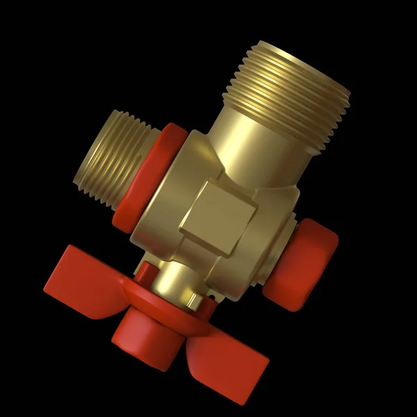 Water tap ball valve with red valve on a black background, isolate. 3D rendering of excellent quality in high resolution. It can be enlarged and used as a background or texture. — Stock Photo, Image