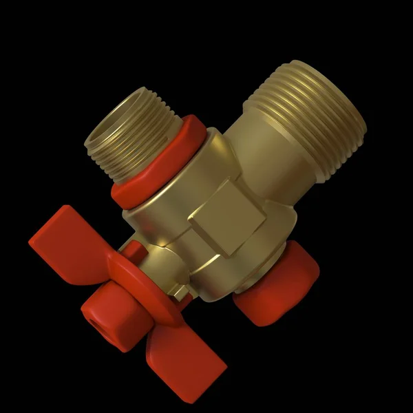 Válvula de bola de grifo de agua con válvula roja sobre un fondo negro, aislar. Representación 3D de excelente calidad en alta resolución. Se puede ampliar y utilizar como fondo o textura . — Foto de Stock