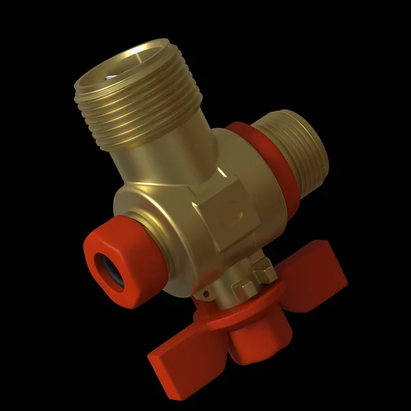 Water tap ball valve with red valve on a black background, isolate. 3D rendering of excellent quality in high resolution. It can be enlarged and used as a background or texture. — Stock Photo, Image