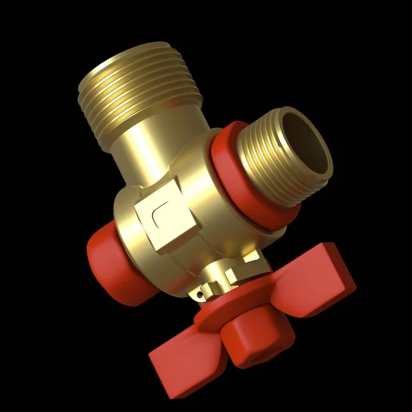 Water tap ball valve with red valve on a black background, isolate. 3D rendering of excellent quality in high resolution. It can be enlarged and used as a background or texture. — Stock Photo, Image