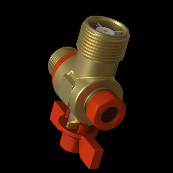 Water tap ball valve with red valve on a black background, isolate. 3D rendering of excellent quality in high resolution. It can be enlarged and used as a background or texture. — Stock Photo, Image