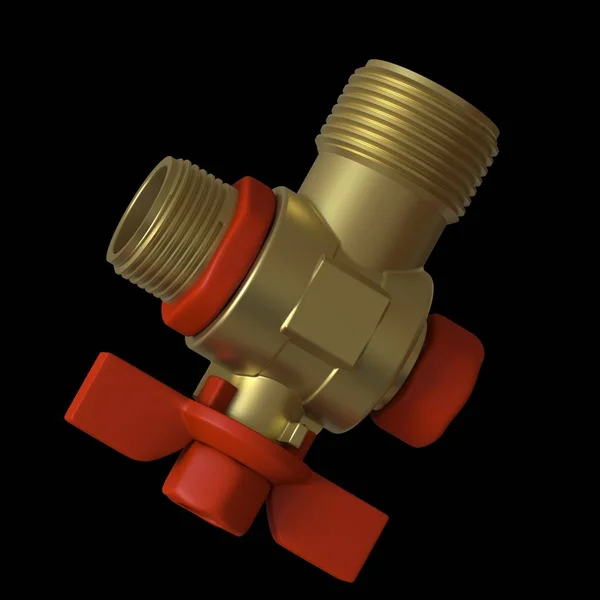 Water tap ball valve with red valve on a black background, isolate. 3D rendering of excellent quality in high resolution. It can be enlarged and used as a background or texture.