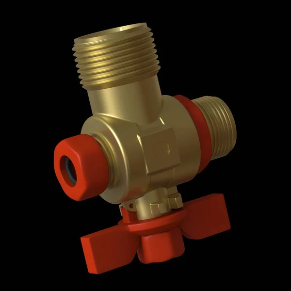 Water tap ball valve with red valve on a black background, isolate. 3D rendering of excellent quality in high resolution. It can be enlarged and used as a background or texture.