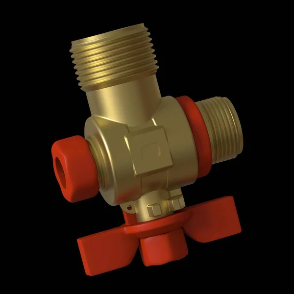 Water tap ball valve with red valve on a black background, isolate. 3D rendering of excellent quality in high resolution. It can be enlarged and used as a background or texture. — Stock Photo, Image