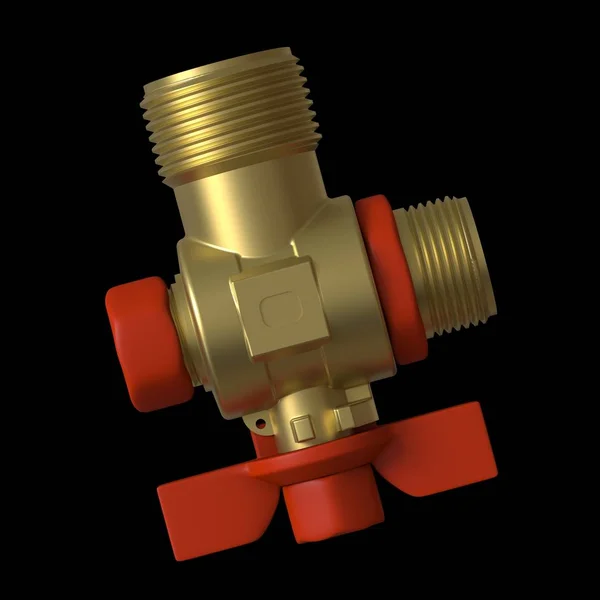 Water tap ball valve with red valve on a black background, isolate. 3D rendering of excellent quality in high resolution. It can be enlarged and used as a background or texture.