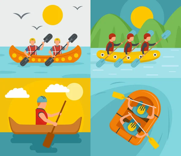 Rafting kayak canoa bandera concepto conjunto, estilo plano — Vector de stock