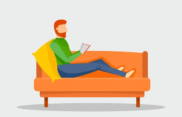 Człowiek czytania książki w sofa styl banner pozioma, płaska — Wektor stockowy