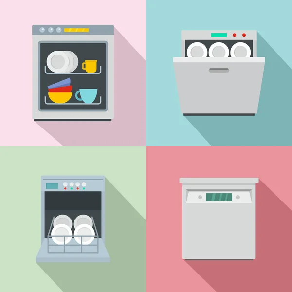 Lavavajillas máquina de cocina iconos conjunto de estilo plano — Vector de stock