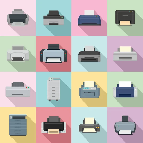 Impresora oficina copia documento iconos conjunto de estilo plano — Archivo Imágenes Vectoriales