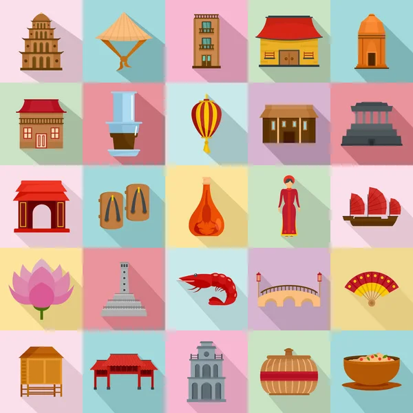 Vietnam turismo de viajes iconos conjunto de estilo plano — Vector de stock