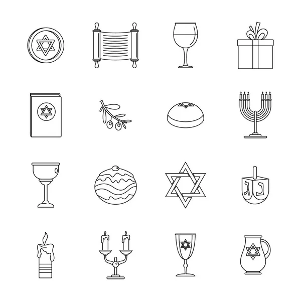 Chanukka jüdischen Feiertag Ikonen gesetzt, Umriss Stil — Stockvektor