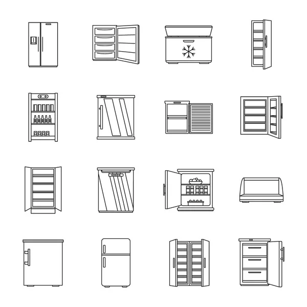 Gefrierschrank Kühlschrank gefrorenes Eis Ikonen Set, Outline-Stil Stockillustration