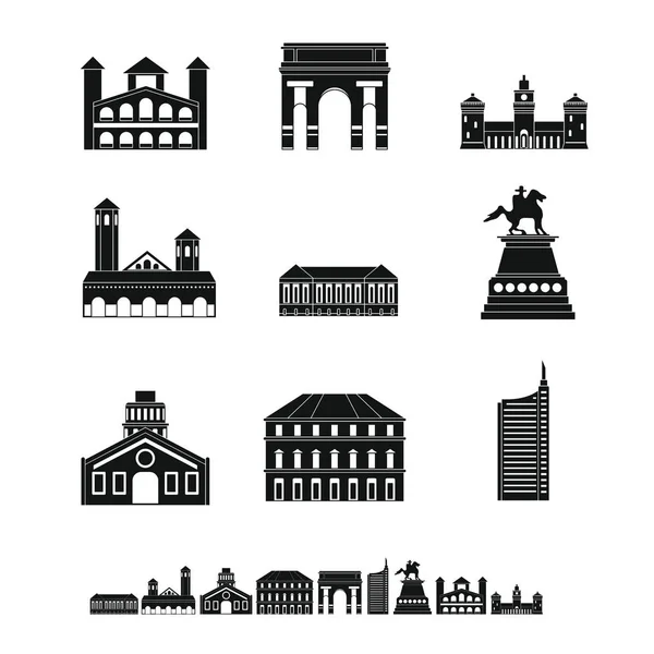 Milaan Italië stad skyline iconen set, eenvoudige stijl — Stockvector