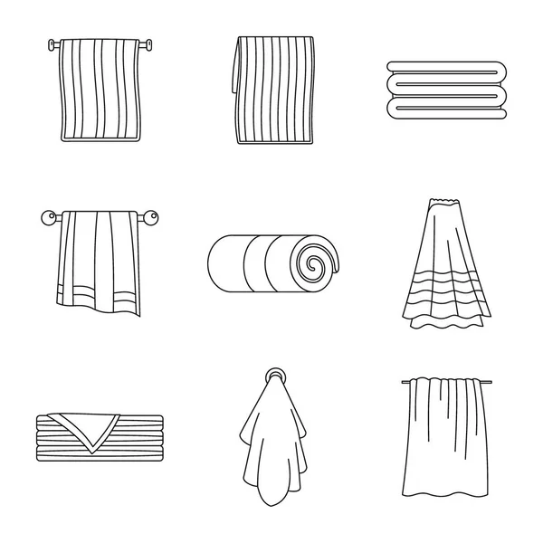 Toalha pendurado conjunto de ícones de banho de spa, estilo esboço — Vetor de Stock
