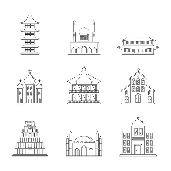 Tempel toren kasteel pictogrammen instellen Kaderstijl — Stockvector