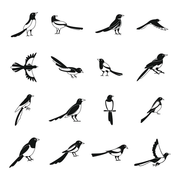 Magpie crow bird icons set, simple style — Stock Vector