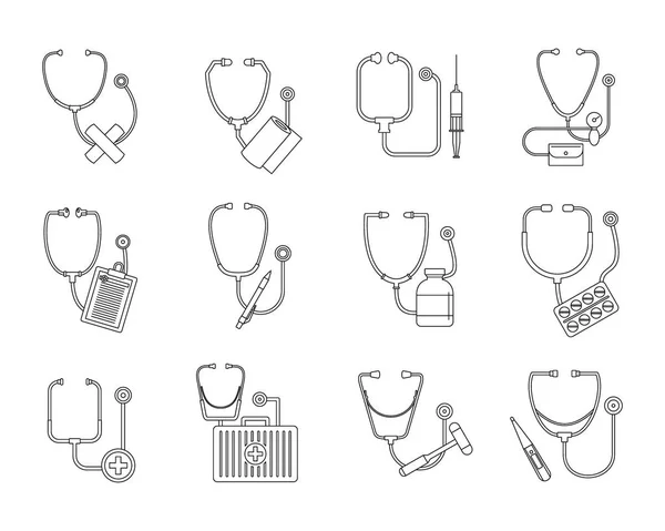 Set di icone dello stetoscopio per fonendoscopio, stile contorno — Vettoriale Stock