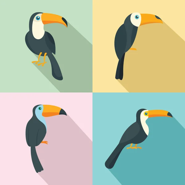 Toucan papegaai vogel iconen set, vlakke stijl — Stockvector