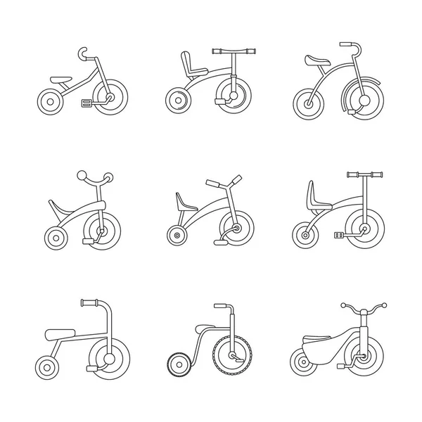 Ensemble d'icônes de roue de vélo tricycle, style contour — Image vectorielle