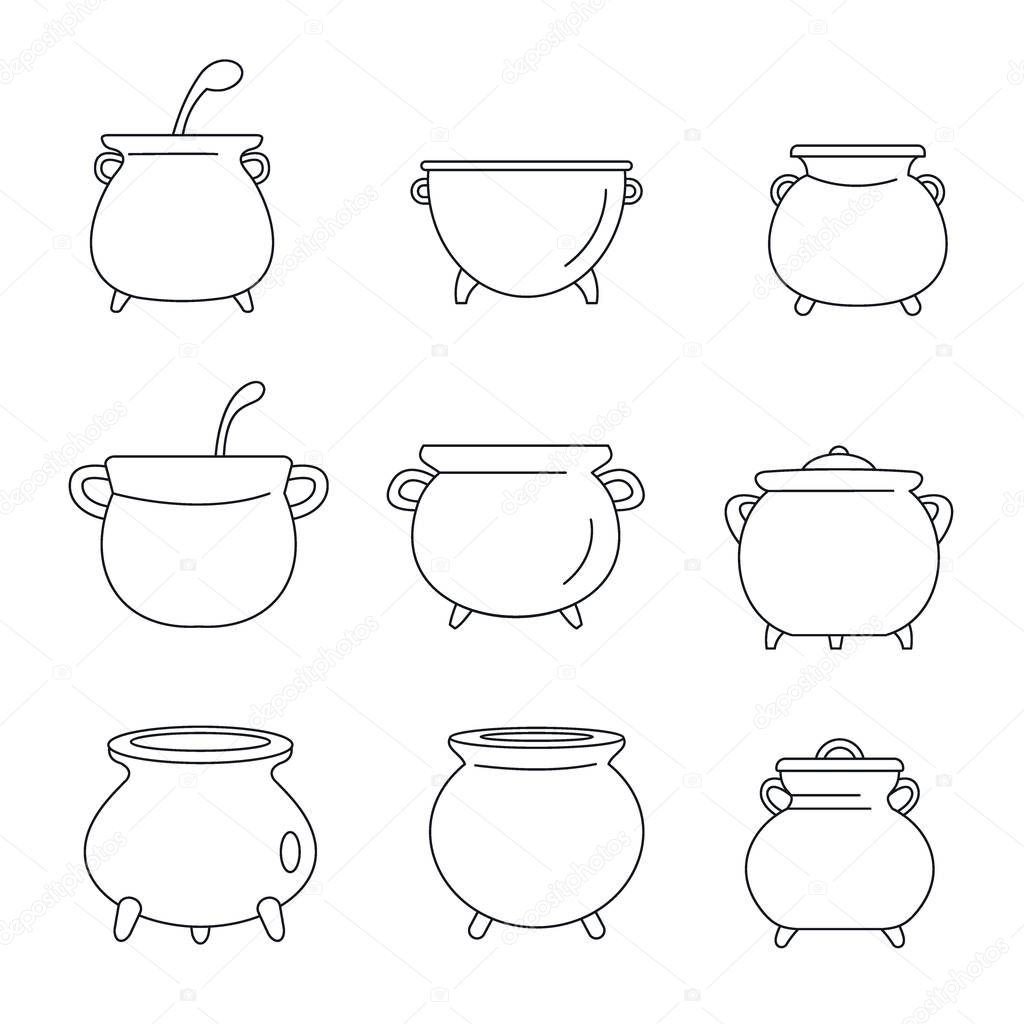 Cauldron kettle halloween icons set, outline style