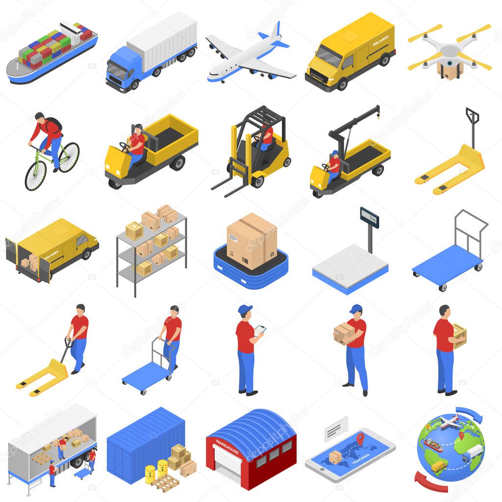 Logistic delivery icons set, isometric style