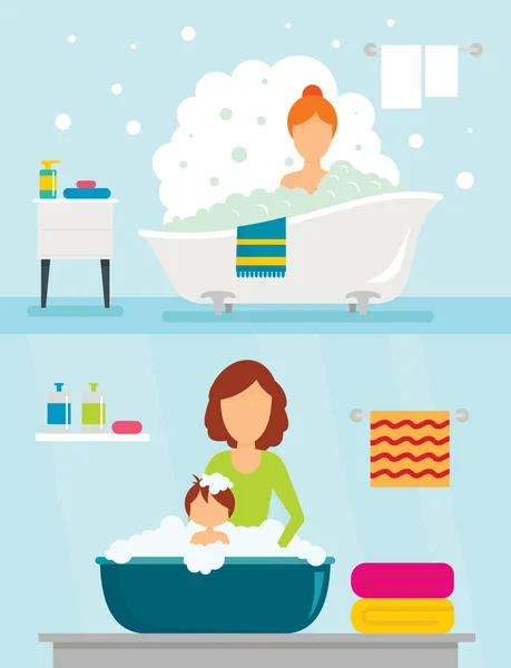 Bathtub bathe woman banner concept set, flat style — Stock Vector