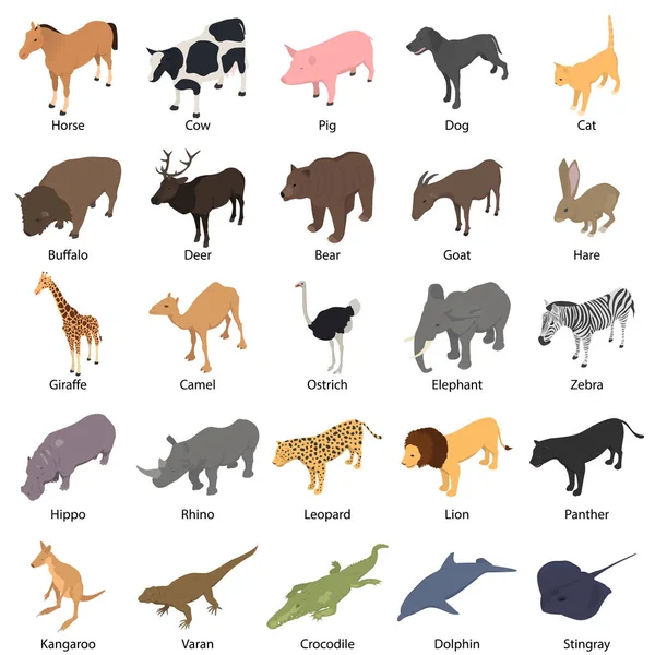 Animales con nombre firmado iconos conjunto de estilo isométrico — Vector de stock