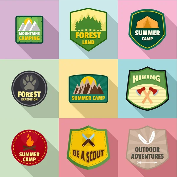 Conjunto de ícones de crachá da floresta, estilo plano — Vetor de Stock