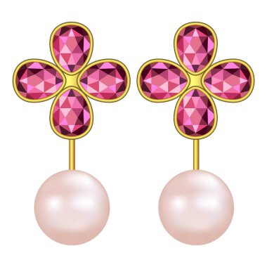 Pearl ruby earrings mockup, realistic style clipart