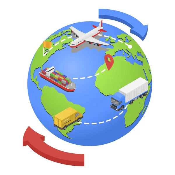 Global air, water, road shipping icon, isometric style — стоковый вектор