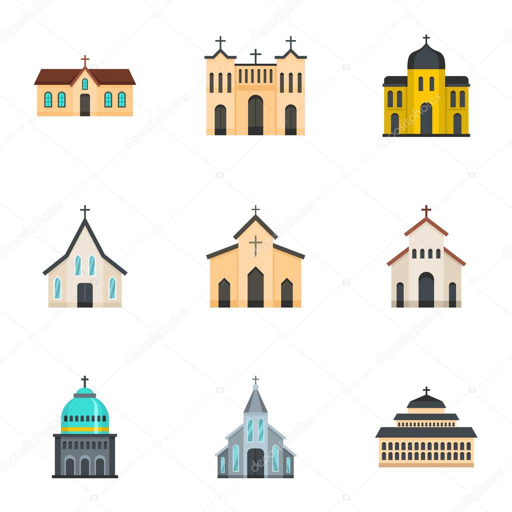 Church icons set, cartoon style