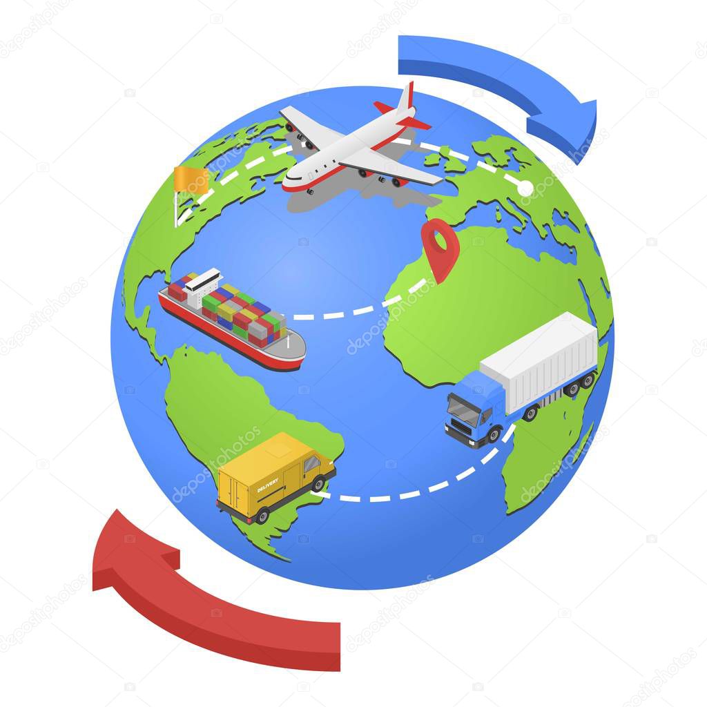 Global air,water, road shipping icon, isometric style