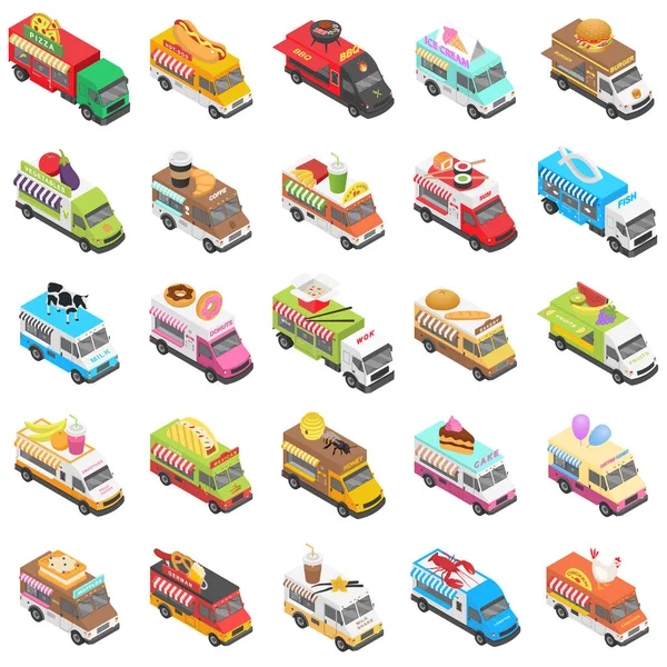Ensemble d'icônes de transport de camions alimentaires, style isométrique — Image vectorielle