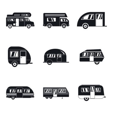 Kamyonet ve karavan araba römork Icons set, basit tarzı