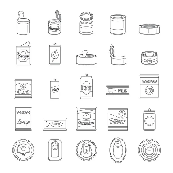 Lata lata comida paquete frasco iconos conjunto, contorno estilo — Vector de stock