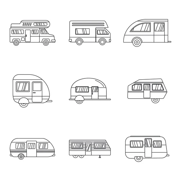 Conjunto de iconos de remolque de autocaravanas, estilo de esquema — Archivo Imágenes Vectoriales