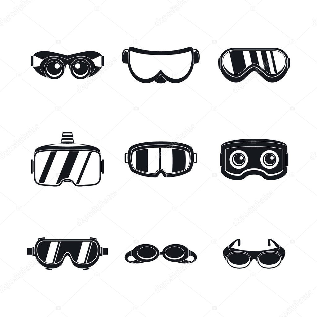 Goggles ski glass mask icons set, simple style